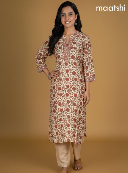 Beige and Rust Shade Chanderi Kalamkari Printed Straight Suit