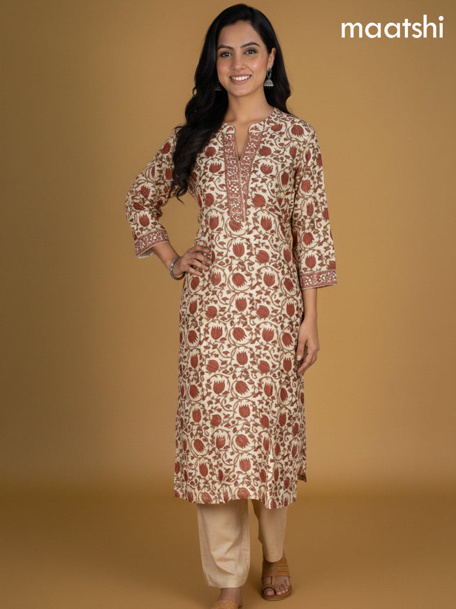 Beige and Rust Shade Chanderi Kalamkari Printed Straight Suit