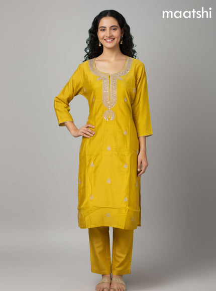 Mustard Yellow Mul Chanderi Embroidery Work Straight Suit