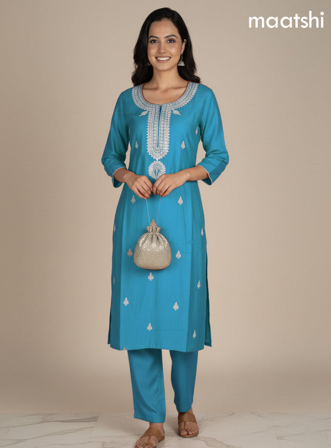 Teal Blue Mul Chanderi Embroidery Work Straight Suit