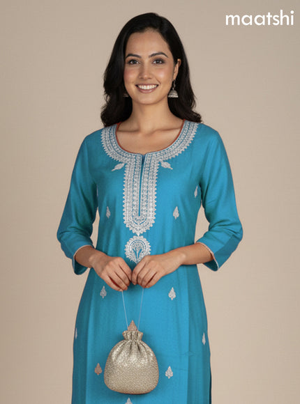 Teal Blue Mul Chanderi Embroidery Work Straight Suit