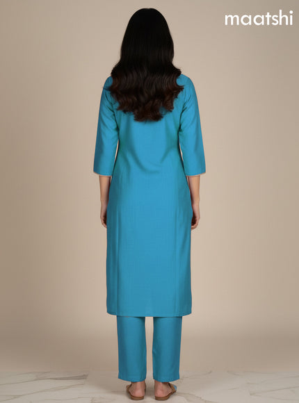 Teal Blue Mul Chanderi Embroidery Work Straight Suit