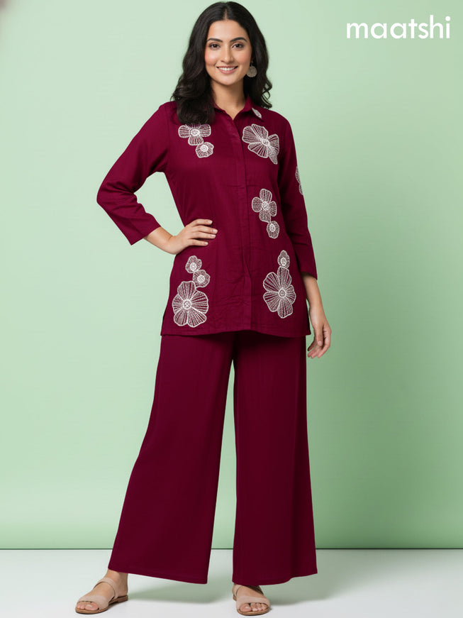 Maroon Art Tussar Beaded Work Co-Ord Set