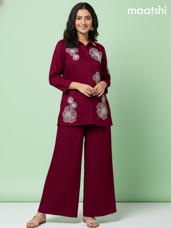 Maroon Art Tussar Beaded Work Co-Ord Set