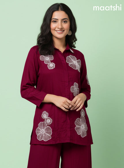 Maroon Art Tussar Beaded Work Co-Ord Set