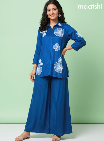 Peacock Blue Art Tussar Beaded Work Co-Ord Set