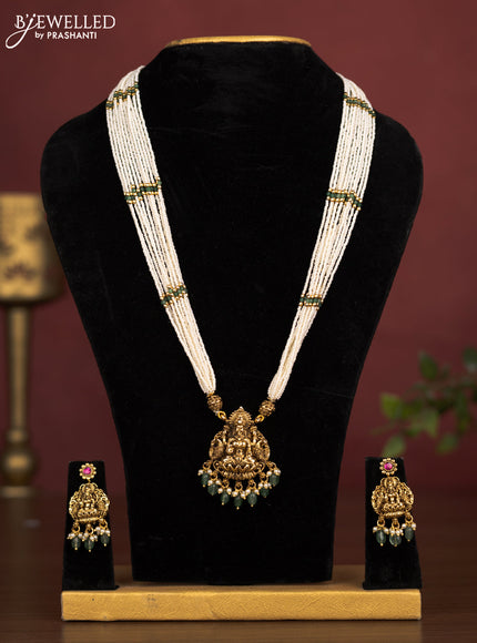 Antique beaded necklace lakshmi & chandbali reversible pendant with kemp stones and pearl & green beads hanging
