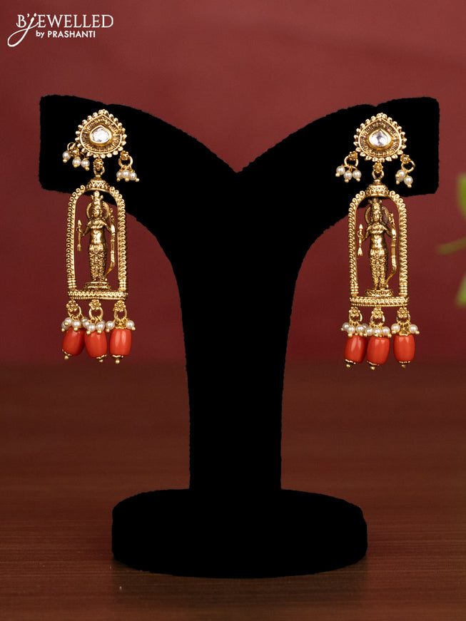 Antique beaded necklace ramdarbar pendant with kundan stones and pearl red beads hanging