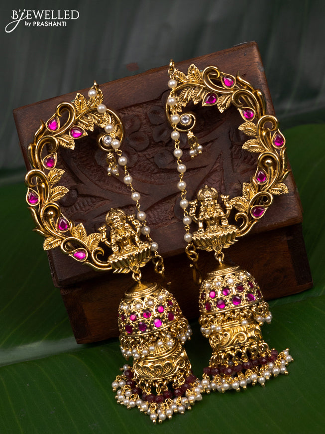 Jadau earcuff jhumka lakshmi design with pink jadau kundan stones and pearl & beads hanging with mattal