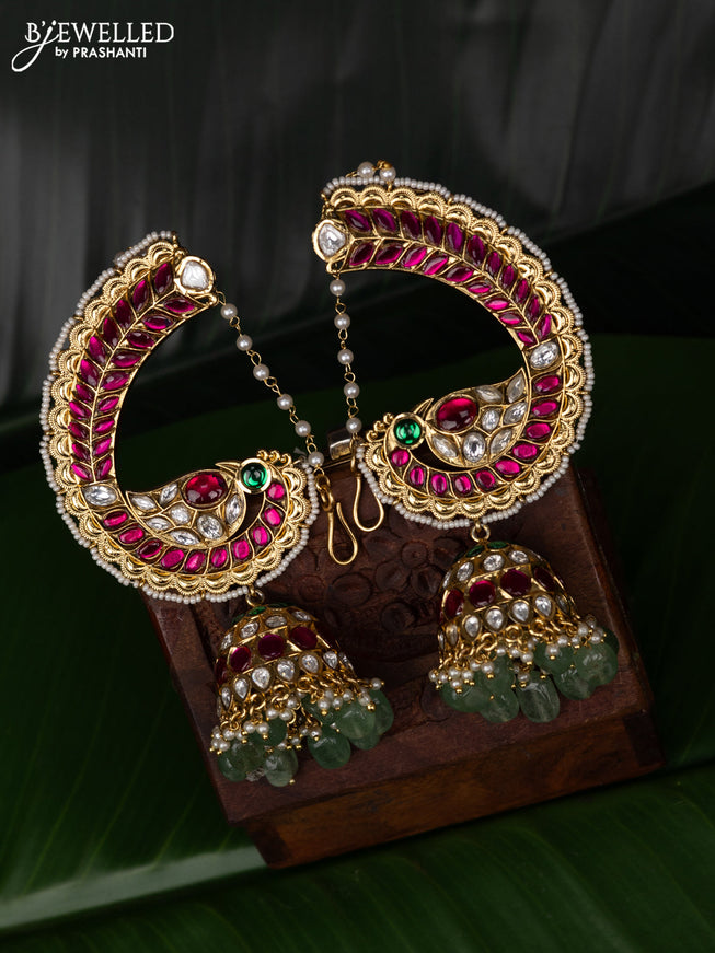 Jadau earcuff jhumka peacock design with jadau kundan stones and pearl & beads hanging with mattal