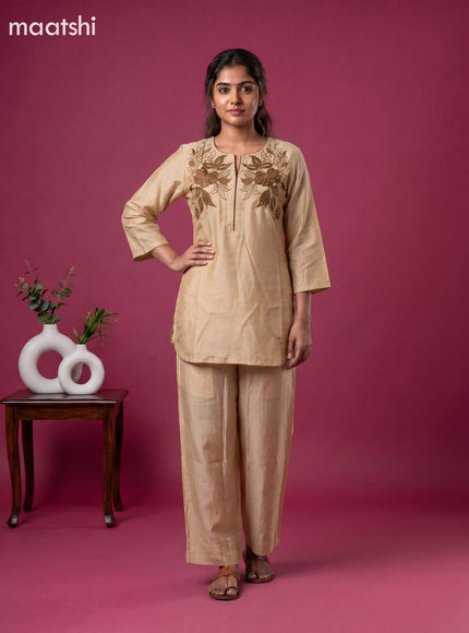 Sandal and Brown Chanderi Embroidery Work Short Co-Ord Set