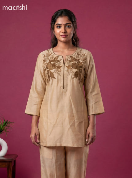 Sandal and Brown Chanderi Embroidery Work Short Co-Ord Set