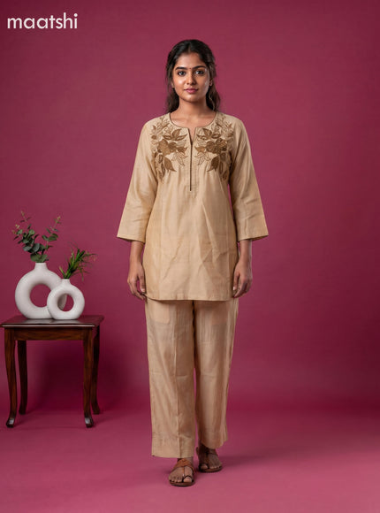 Sandal and Brown Chanderi Embroidery Work Short Co-Ord Set