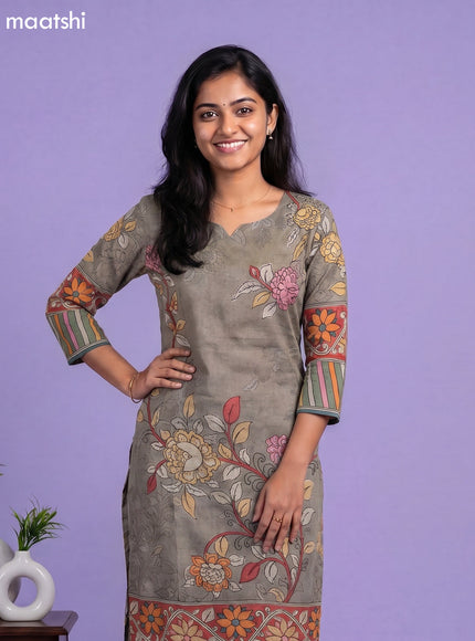 Grey Cotton Kalamkari Printed Straight Suit