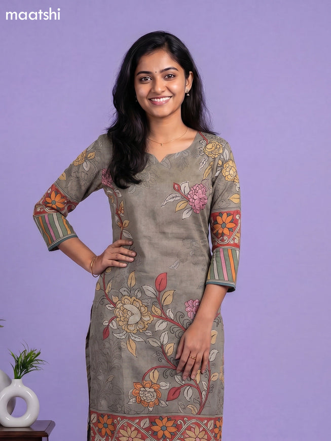 Grey Cotton Kalamkari Printed Straight Suit