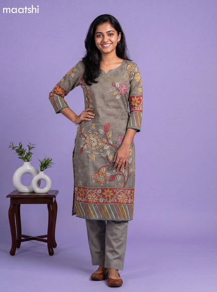 Grey Cotton Kalamkari Printed Straight Suit