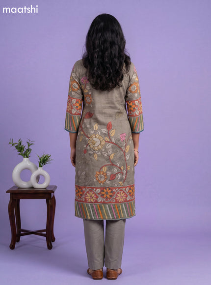 Grey Cotton Kalamkari Printed Straight Suit