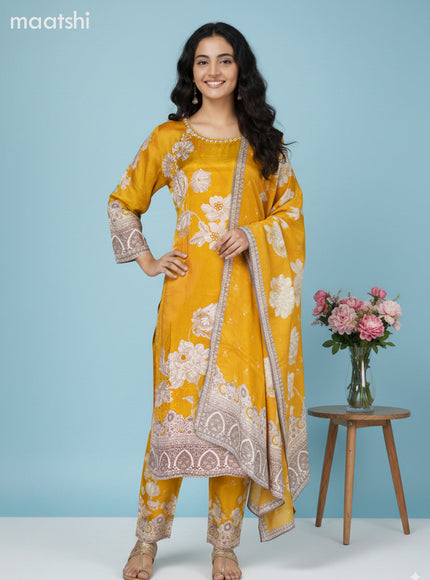 Mustard Yellow and Beige Grey Crepe Silk Floral Printed Straight Suit