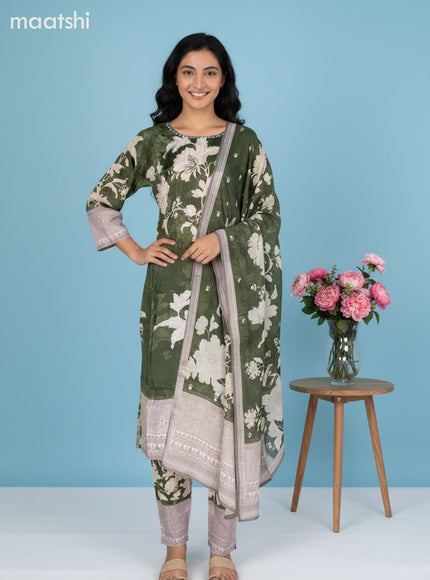 Sap Green and Beige Grey Crepe Silk Floral Printed Straight Suit