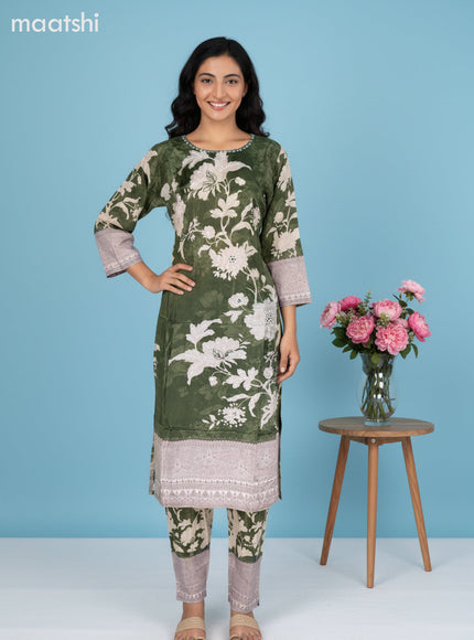 Sap Green and Beige Grey Crepe Silk Floral Printed Straight Suit