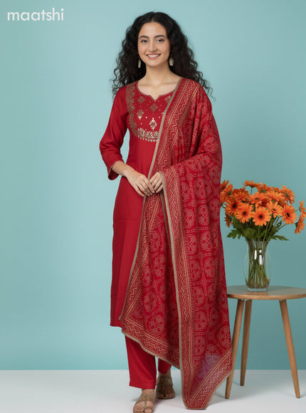 Red Art Silk Embroidery Work Straight Suit