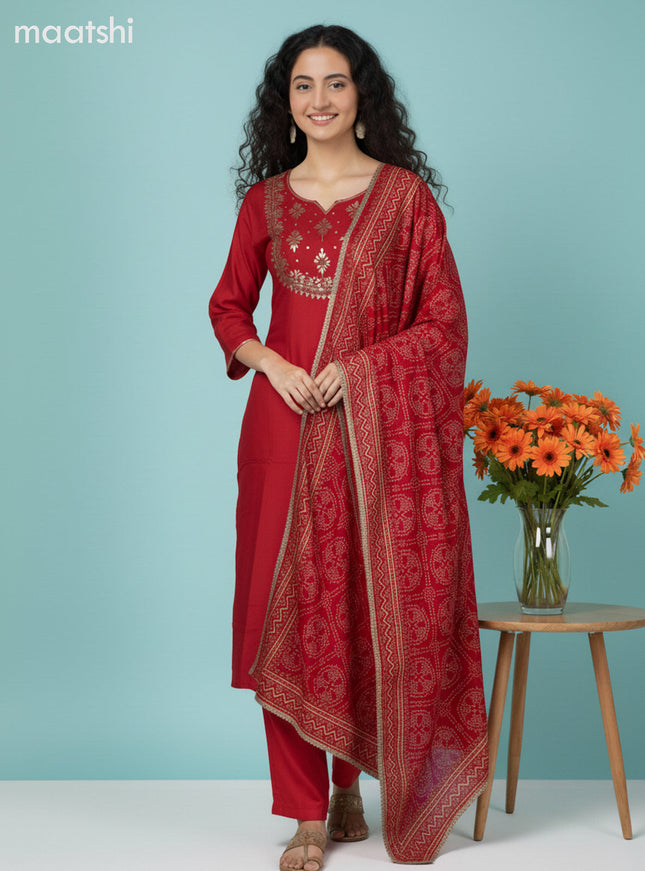Red Art Silk Embroidery Work Straight Suit