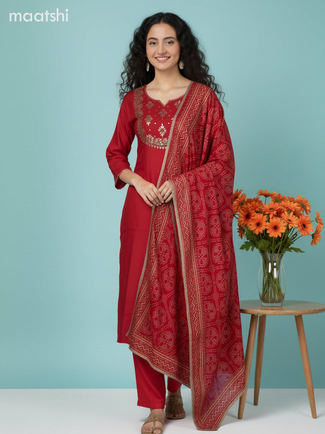 Red Art Silk Embroidery Work Straight Suit