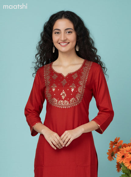 Red Art Silk Embroidery Work Straight Suit