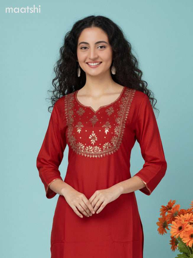 Red Art Silk Embroidery Work Straight Suit