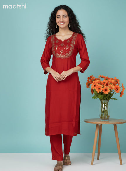 Red Art Silk Embroidery Work Straight Suit