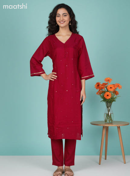Pink and Beige Chanderi Mirror Work Straight Suit