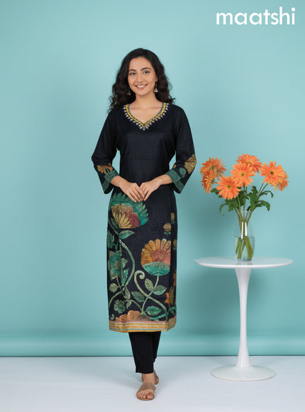 Black and Green Shade Art Silk Printed Straight Suit
