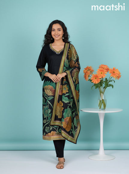Black and Green Shade Art Silk Printed Straight Suit
