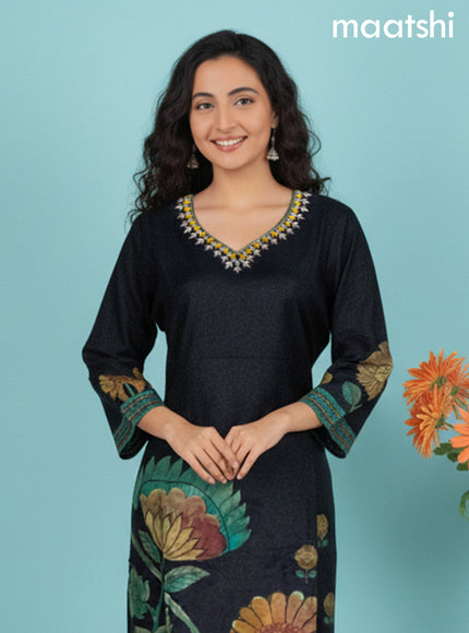 Black and Green Shade Art Silk Printed Straight Suit
