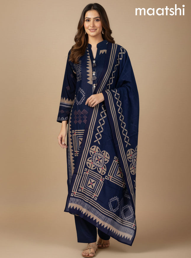 Navy Blue Cotton Printed Straight Suit