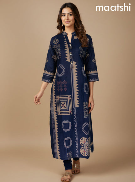 Navy Blue Cotton Printed Straight Suit