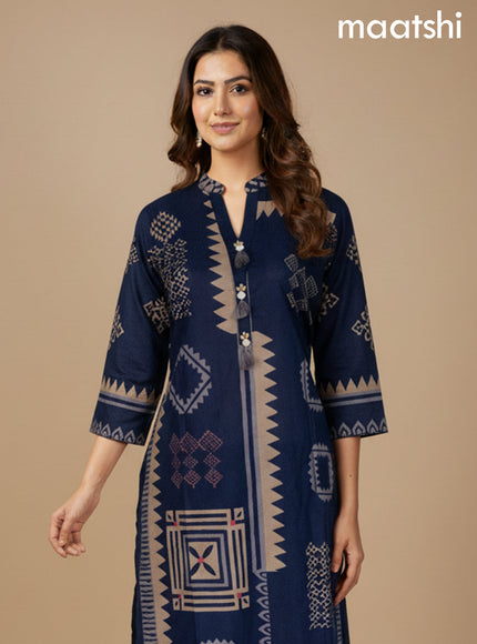 Navy Blue Cotton Printed Straight Suit
