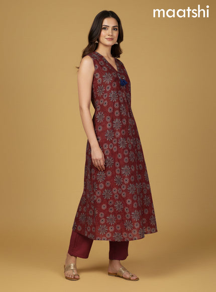 Maroon Cotton Ajrakh Printed A- Line Kurti Set & Sleeve Attached