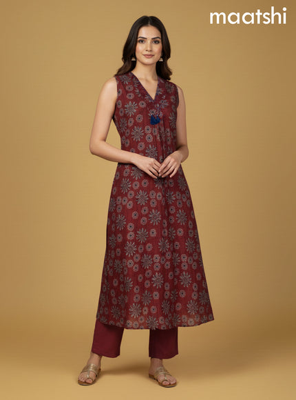 Maroon Cotton Ajrakh Printed A- Line Kurti Set & Sleeve Attached