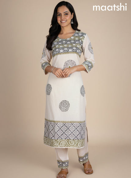 Cream and Green Shade Linen Cotton Printed Kurti Set