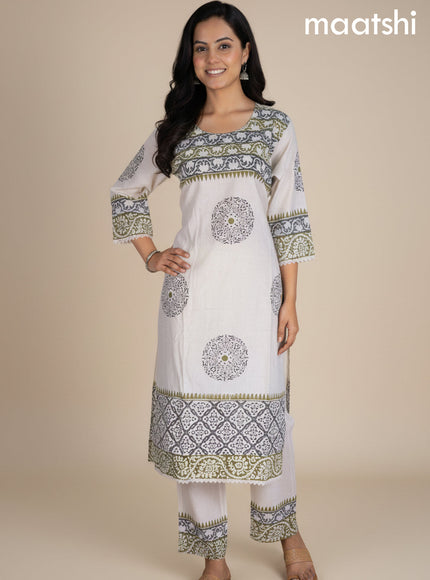 Cream and Green Shade Linen Cotton Printed Kurti Set