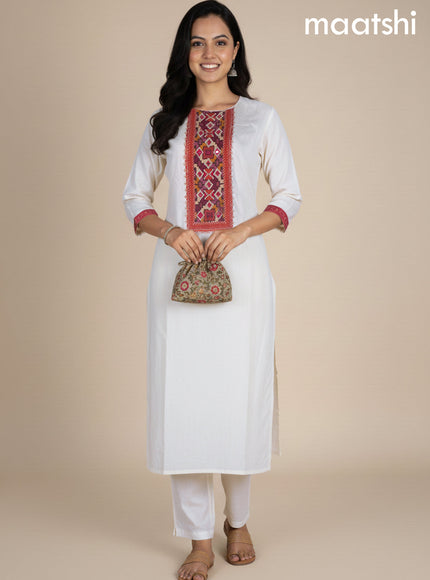 Off White and Pink Art Tussar Embroidery Work Straight Suit