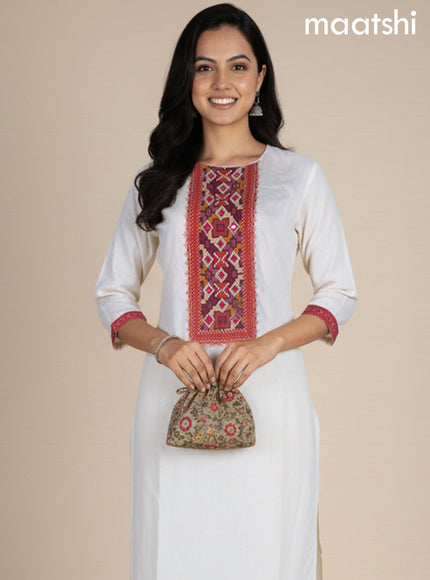 Off White and Pink Art Tussar Embroidery Work Straight Suit