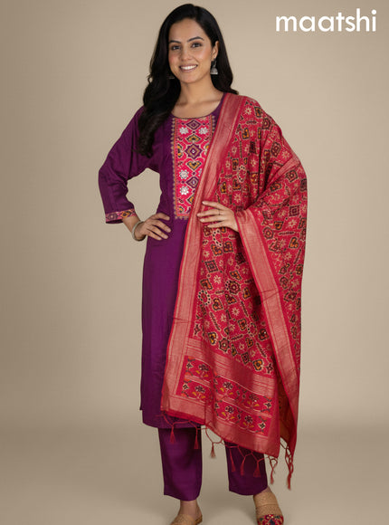 Dark Magenta and Peach Pink Art Tussar Embroidery Work Straight Suit