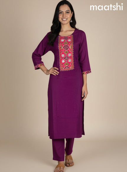 Dark Magenta and Peach Pink Art Tussar Embroidery Work Straight Suit