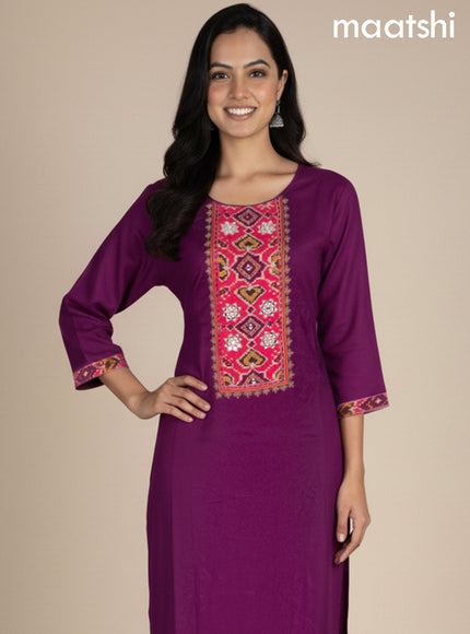 Dark Magenta and Peach Pink Art Tussar Embroidery Work Straight Suit
