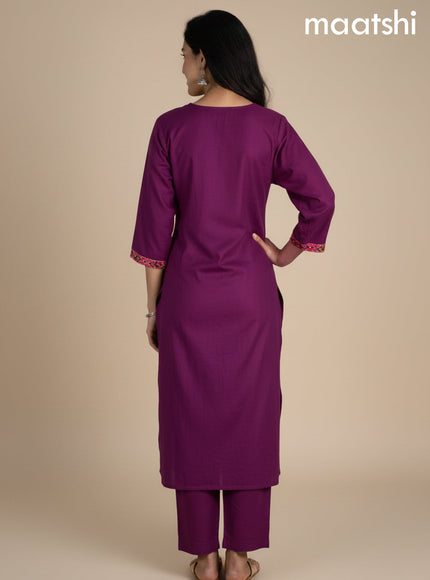 Dark Magenta and Peach Pink Art Tussar Embroidery Work Straight Suit