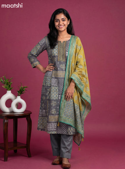 Grey and Mustard Yellow Muslin Embroidery Work Anarkali Suit