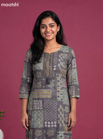 Grey and Mustard Yellow Muslin Embroidery Work Anarkali Suit