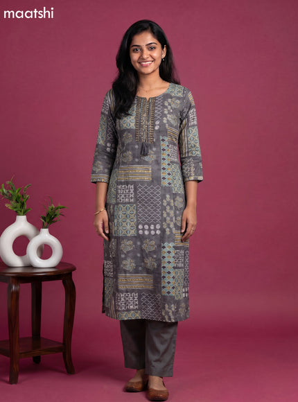 Grey and Mustard Yellow Muslin Embroidery Work Anarkali Suit